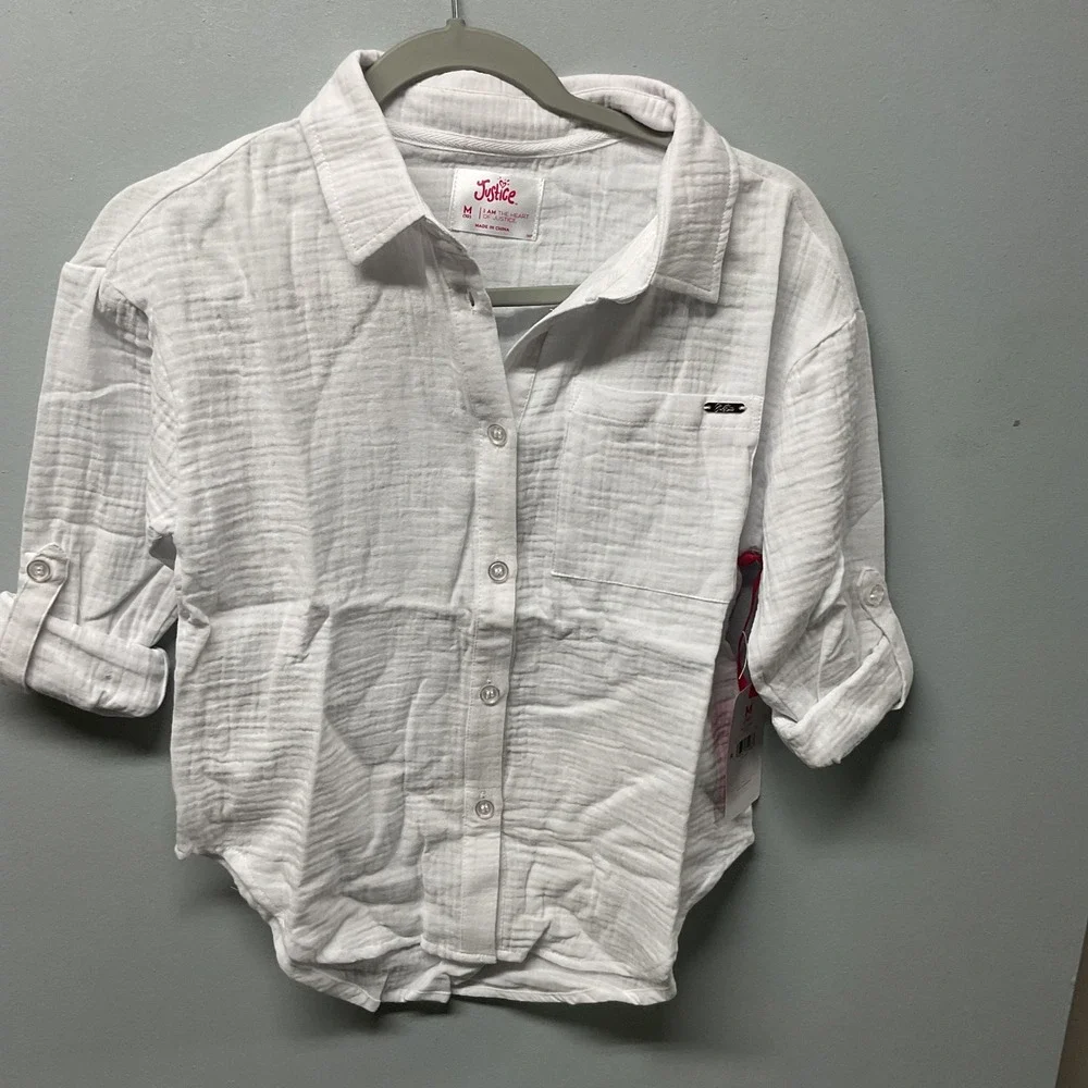 Justice Girls‎ White Gauze Beach Shirt Size M 10 Roll Tab Sleeves